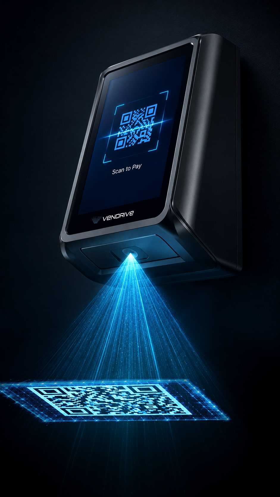 Vendrive Port P1 terminal displaying a scan-to-pay QR code.